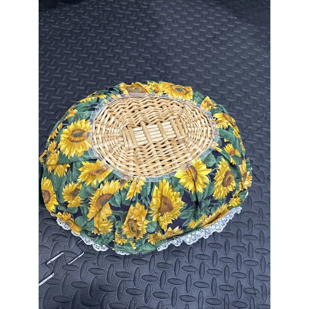 Vintage Fabric Lined Oval Tray With Sunflower Print & Lace Trim NEW *